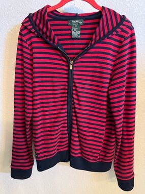 LAUREN RALPH LAUREN, Women’s Red & Dark Navy Blue Striped Zip-up Hoodie, Size PP